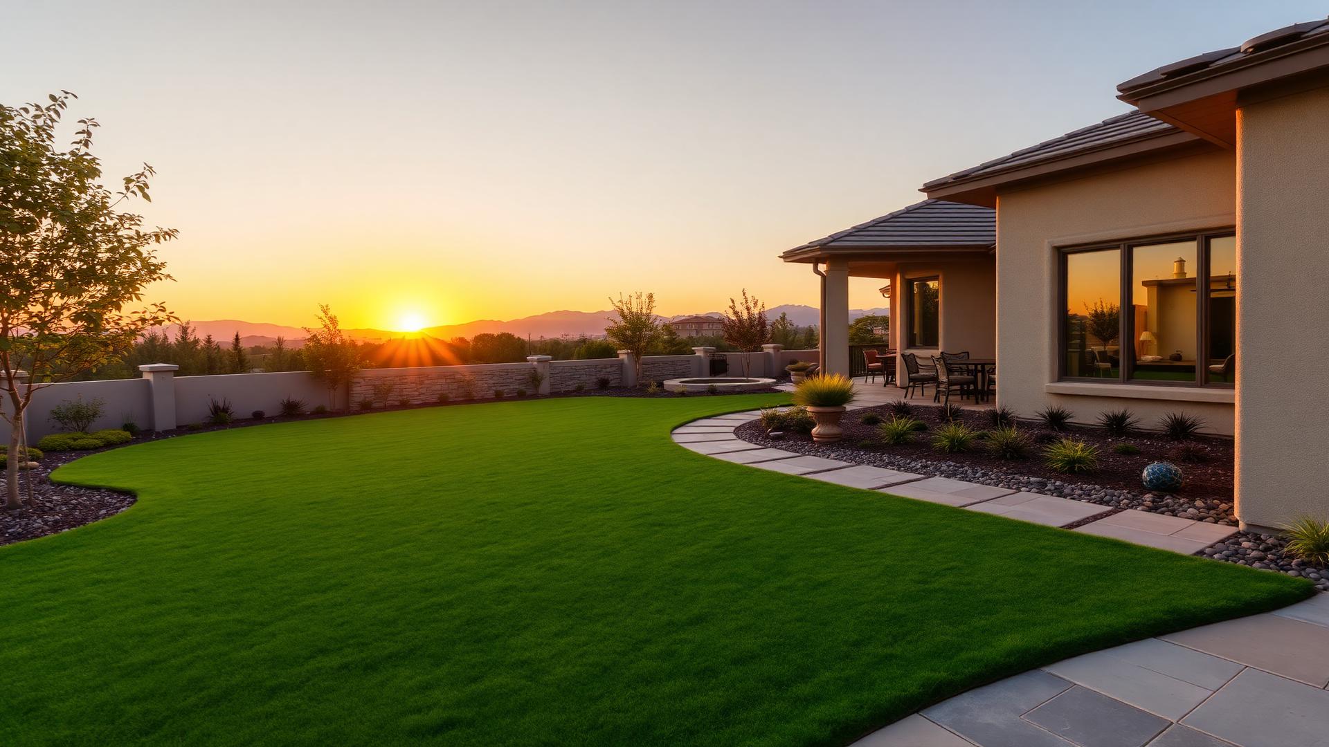 Premium residential landscaping at golden hour